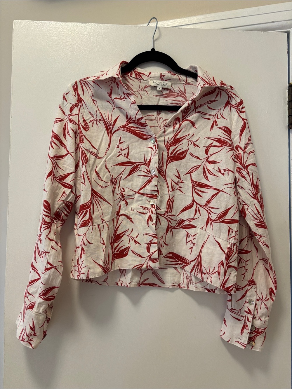 Rachel Zoe Cream Linen Button-Front Shirt with Red Floral Print